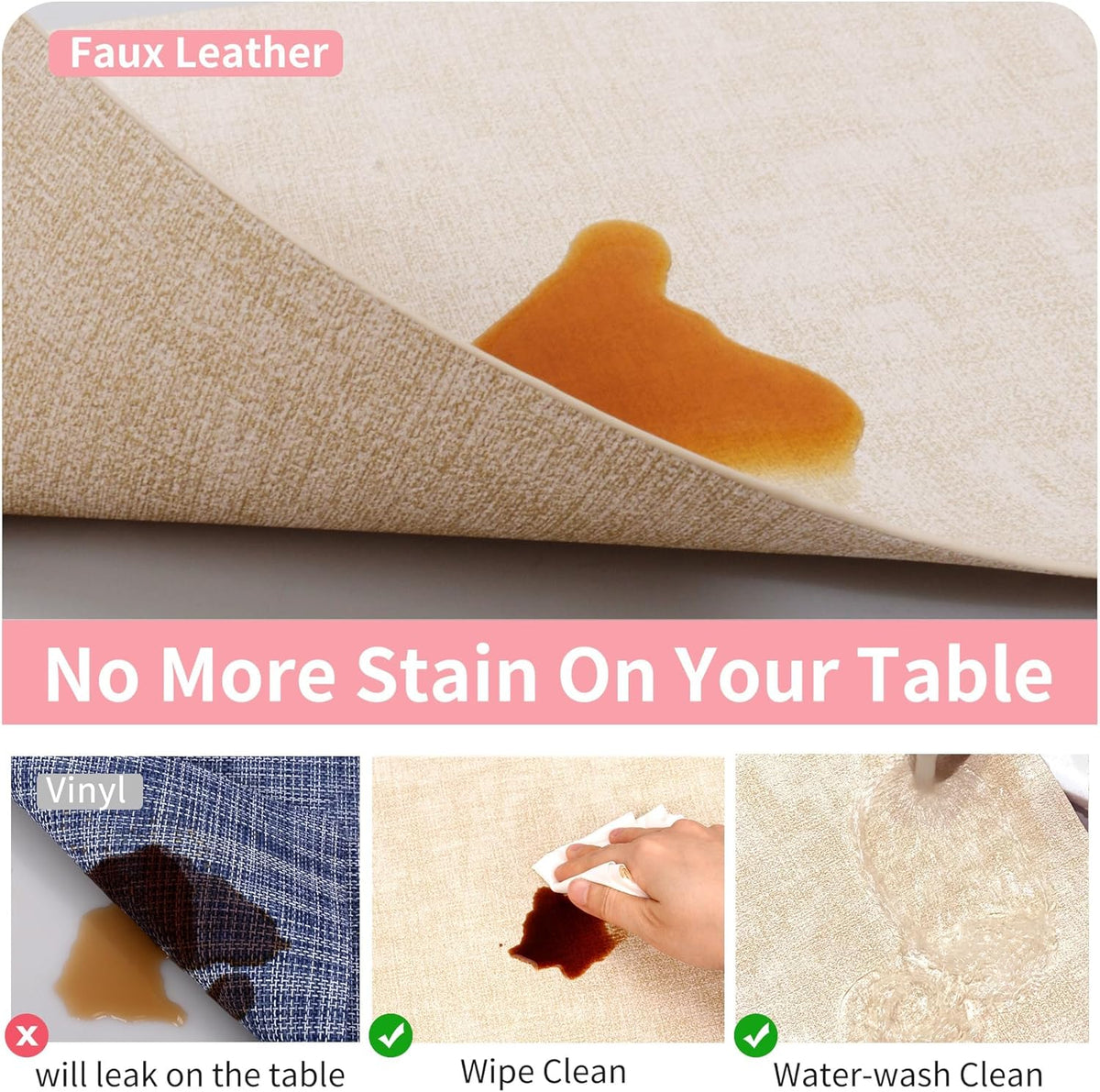Maxpearl Faux Leather Placemats Set of 8 – Waterproof, Wipe Clean, Heat Resistant, Non-Slip Dining Table Mats for Indoor & Outdoor Use, 17”×12”, Beige