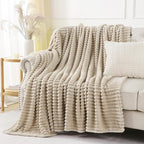 Khaki Throw Blanket for Couch Sofa 60x80 inches Striped Design | Fleece - Image 3