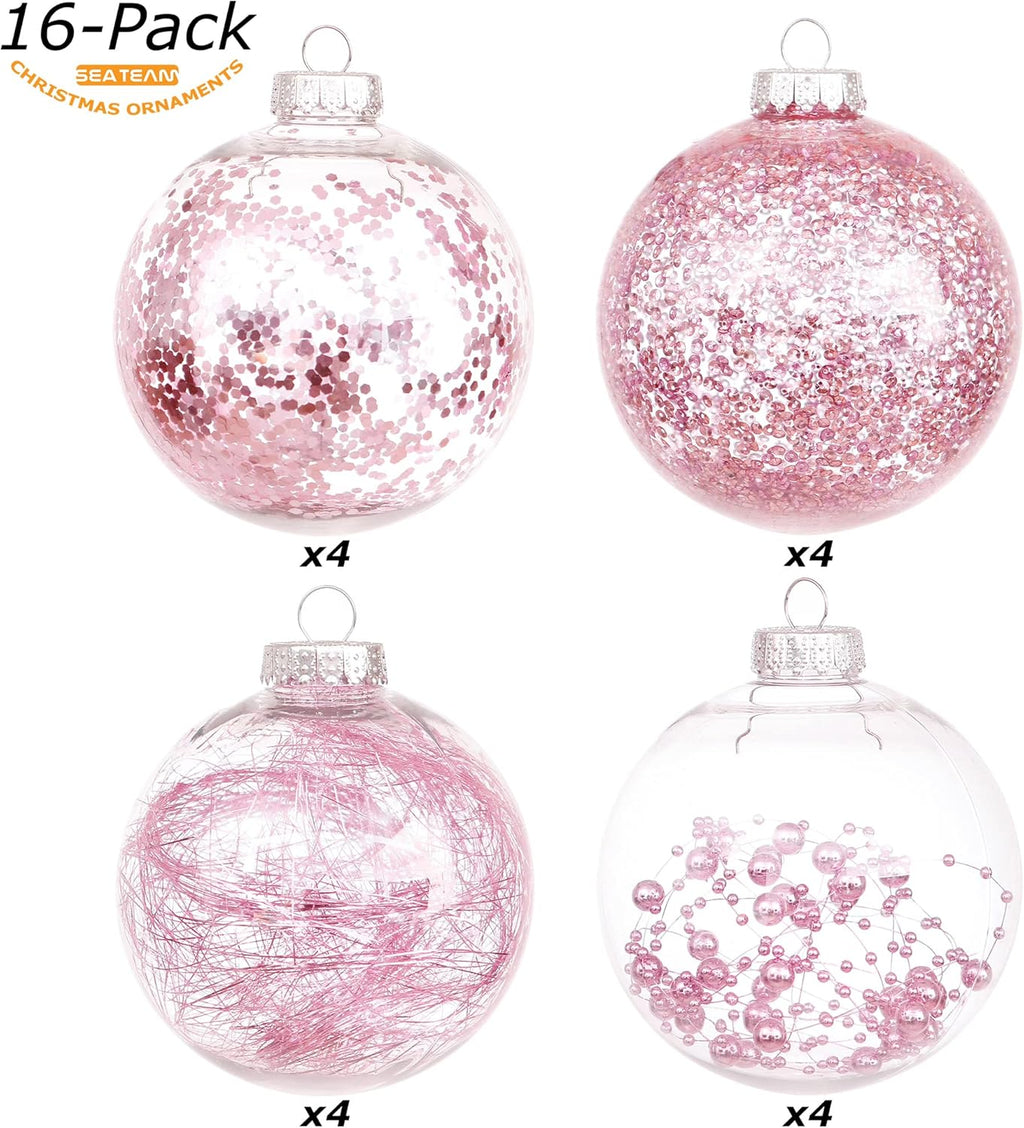 Sea Team Shatterproof Clear Plastic Christmas Ball Ornaments Decorative Xmas Balls Baubles Set with Stuffed Delicate Decorations (100mm/3.94 inch 16-Pack, Pink)