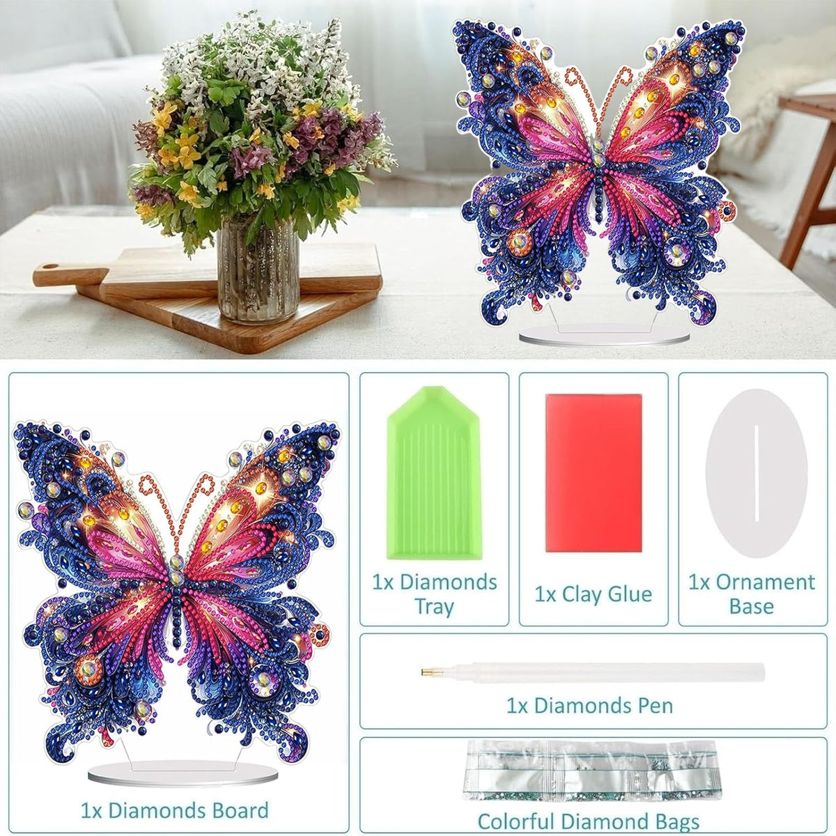 Diamond Painting Kits for Adults Beginners, 5D Full Drill Flowers and Butterfly Crystal Art Desktop Ornament, DIY Single Sided Home Office Desk Decor, Creative Craft Gift Set with Tools