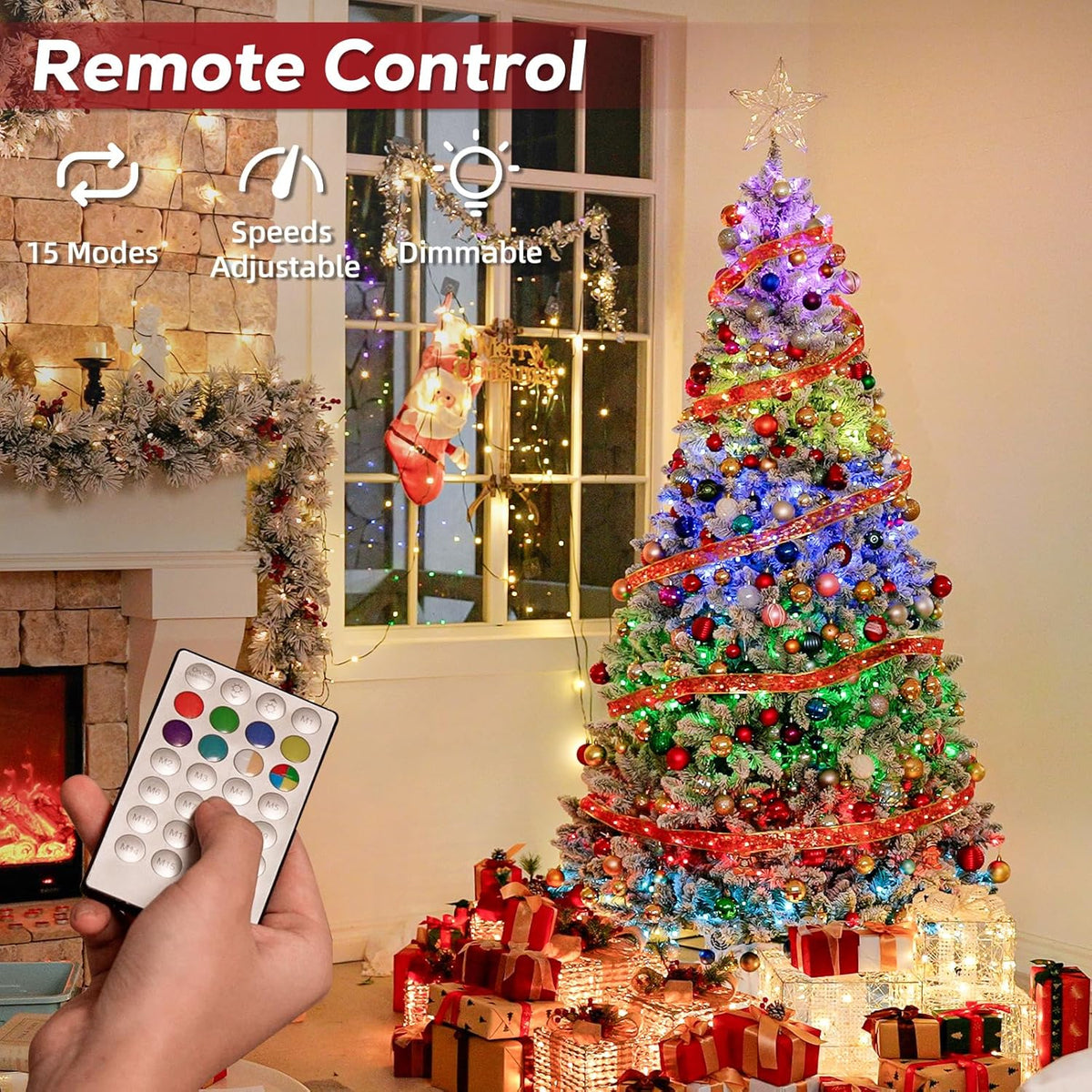 7.5ft Lighted Snow Flocked Christmas Tree with Remote Control, 450 Multi-Color RGB Lights, 1446 PVC Branch Tips, 15 Mode Artificial Hinged Christmas Tree for Home