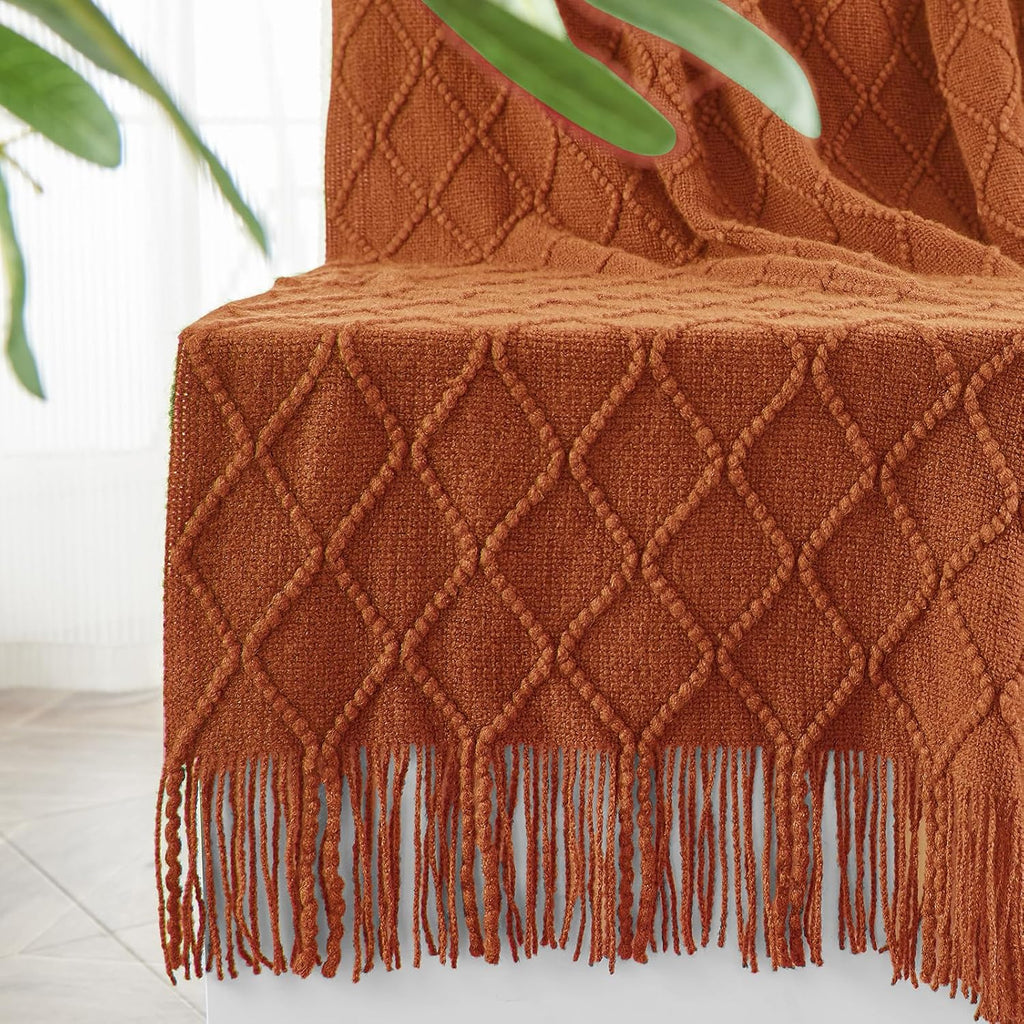 inhand Knitted Throw Blankets for Couch and Bed, Soft Cozy Knit Blanket with Tassel, Orange Rust Lightweight Decorative Blankets and Throws, Farmhouse Warm Woven Blanket for Men and Women, 60"x80"