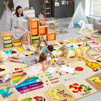 6x9 Playroom Rugs for Kids Washable, Educational and Fun Playmat with ABC Alphabet Animals Shapes Colors, Non-Slip Play Mat Learning Rugs for Baby Toddler Children Game Activity，Beige, Pink