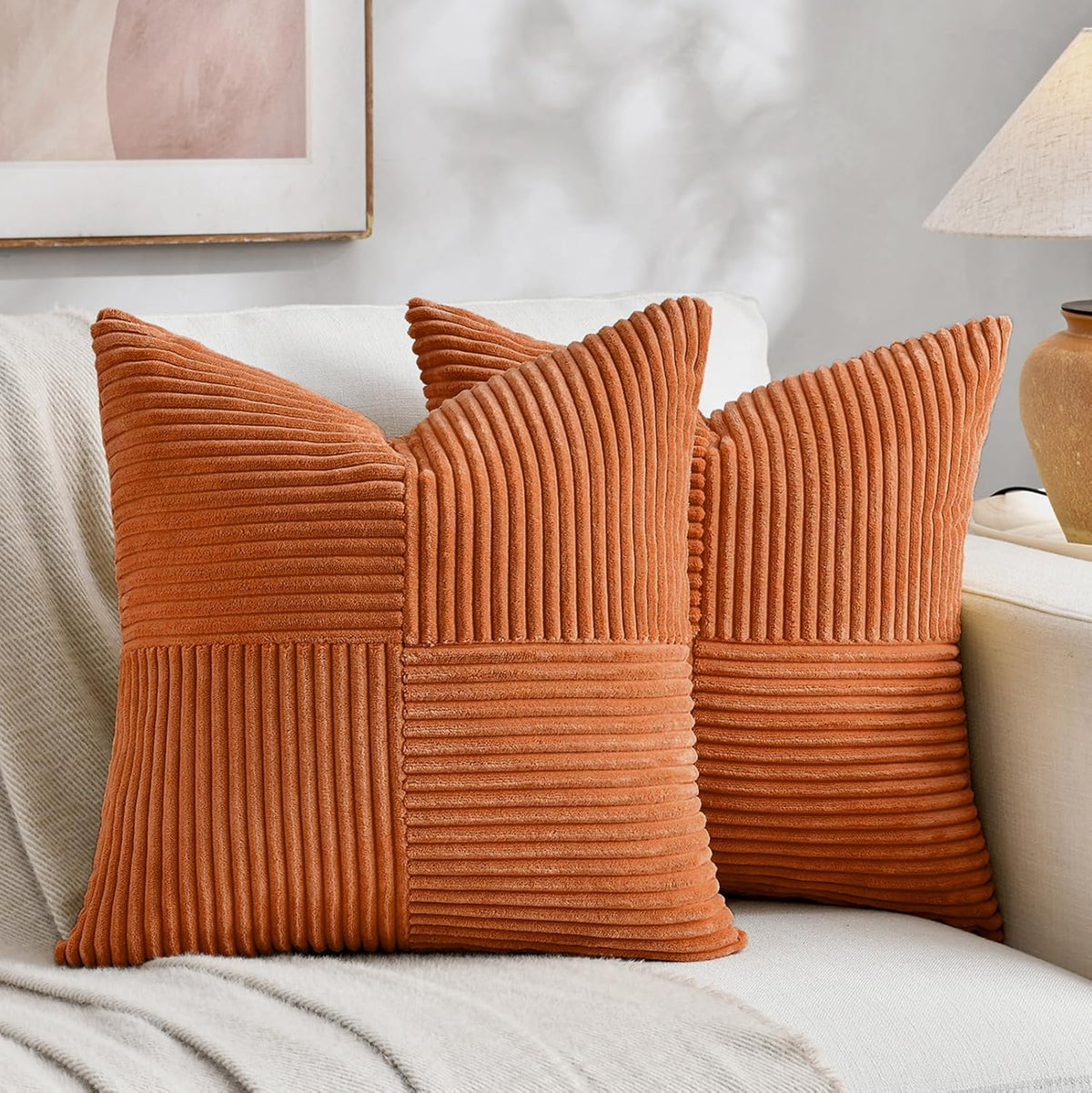 Fancy Homi 2 Packs Burnt Orange Decorative Throw Pillow Covers 20x20 Inch for Living Room Couch Bed Sofa, Rustic Farmhouse Boho Home Decor, Soft Corss Corduroy Patchwork Accent Cushion Case 50x50 cm