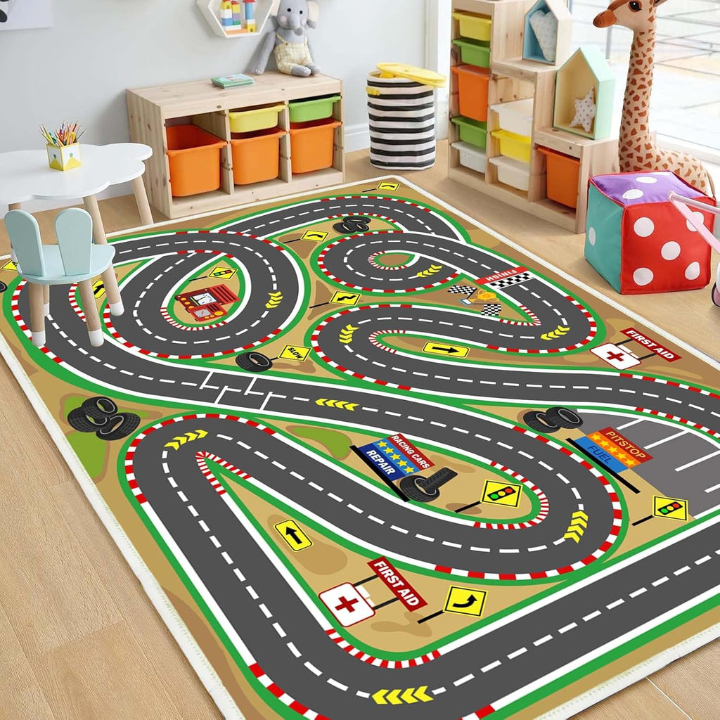 Kids Rug Play mat Playroom Rugs Car Rugs for Kids Toy Cars Race Track for Classroom Rug (Race-Brown, 3.3x4.9ft)