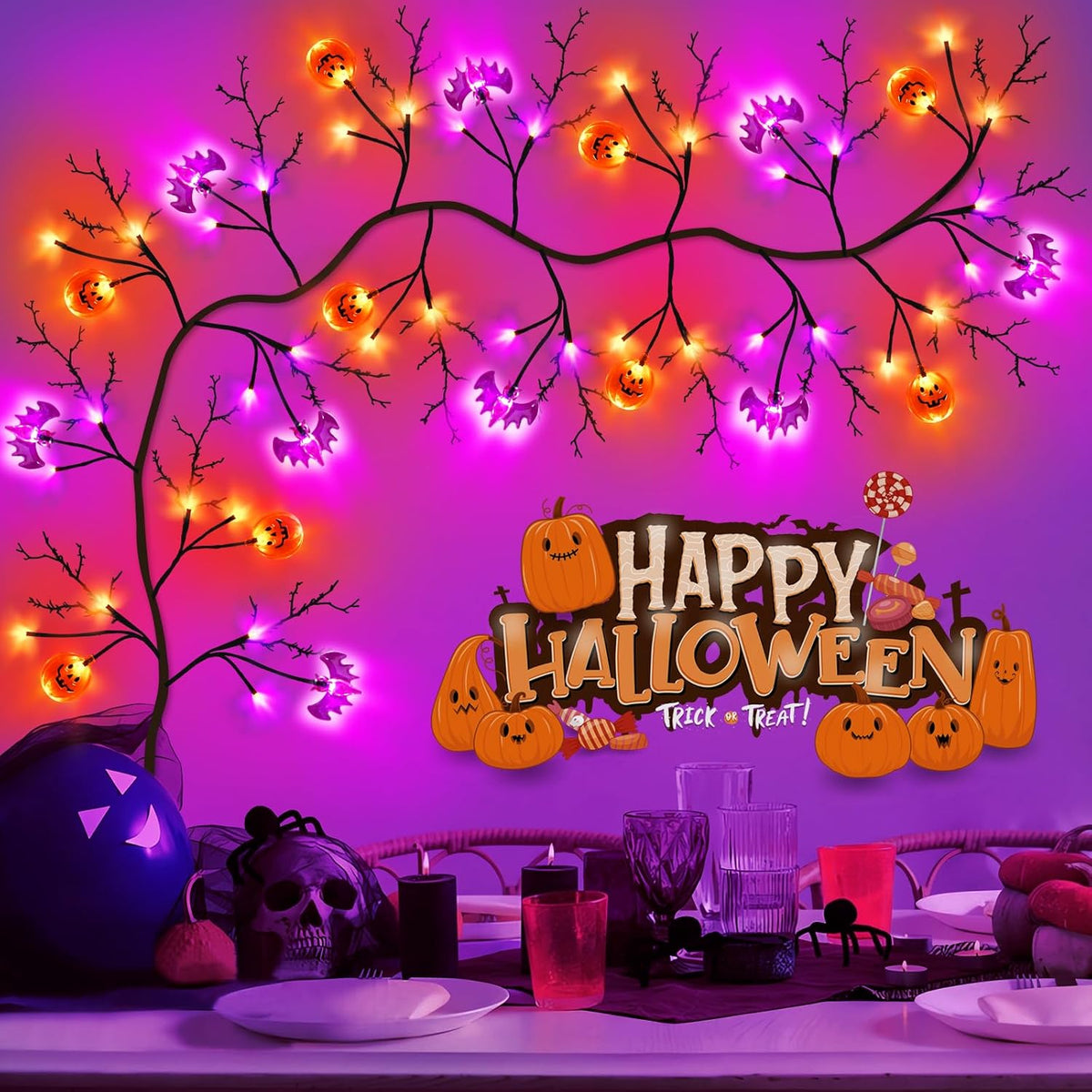 7 Ft 63 LED Halloween Willow Vine Twig Garland with 8 Modes Timer Orange Purple 21 Pumpkin Bats Lights,Halloween Garland with Waterproof Battery Operated for Indoor Wall Fireplace Decorations