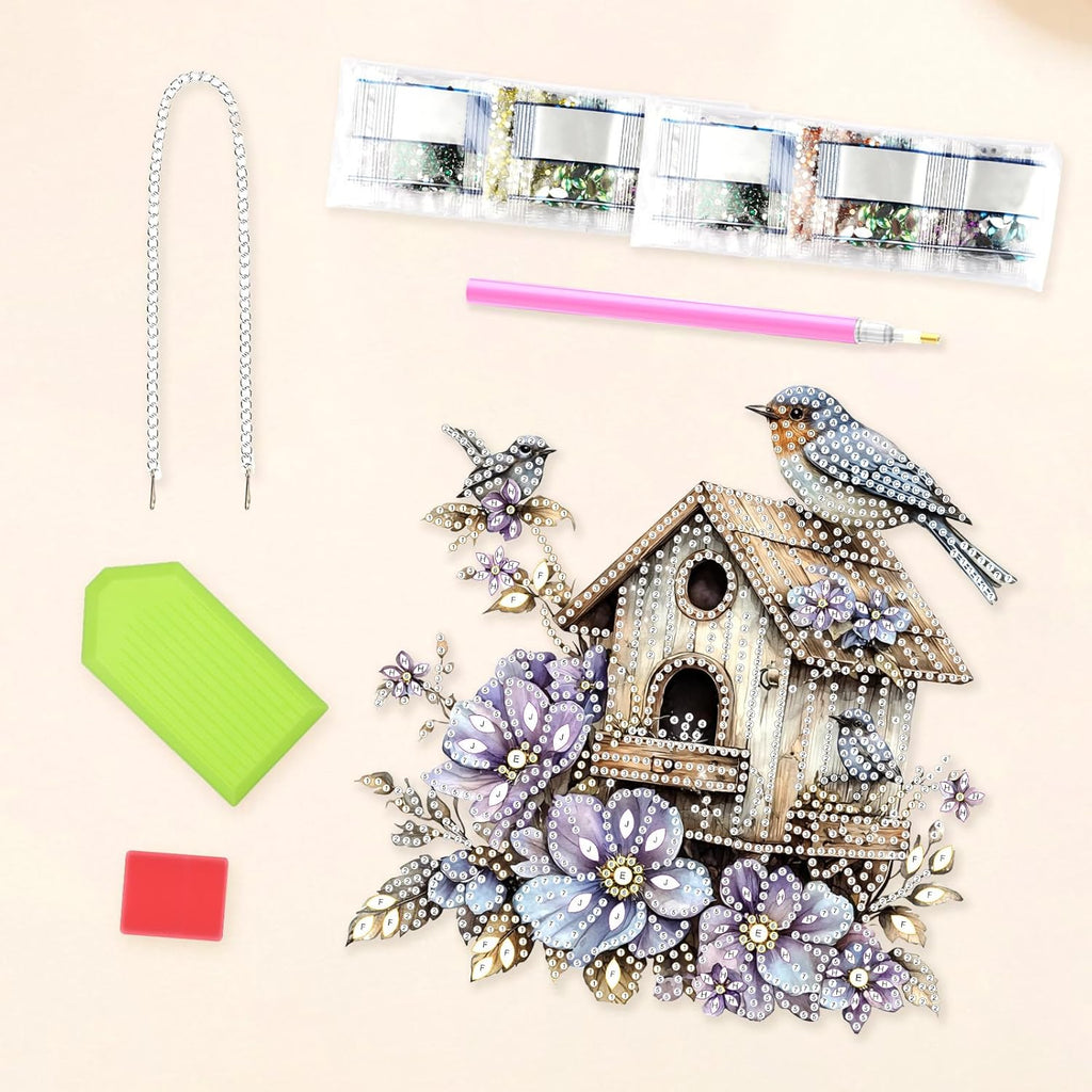 Lxmsja DIY Birdhouse Diamond Painting Hanging Ornament, Double-Sided Acrylic Flowers Bird Diamond Art Kit, Special Shaped Drill Pendant Window Art Kit, Suncatcher Hanging Craft Decoration 8x8 inch