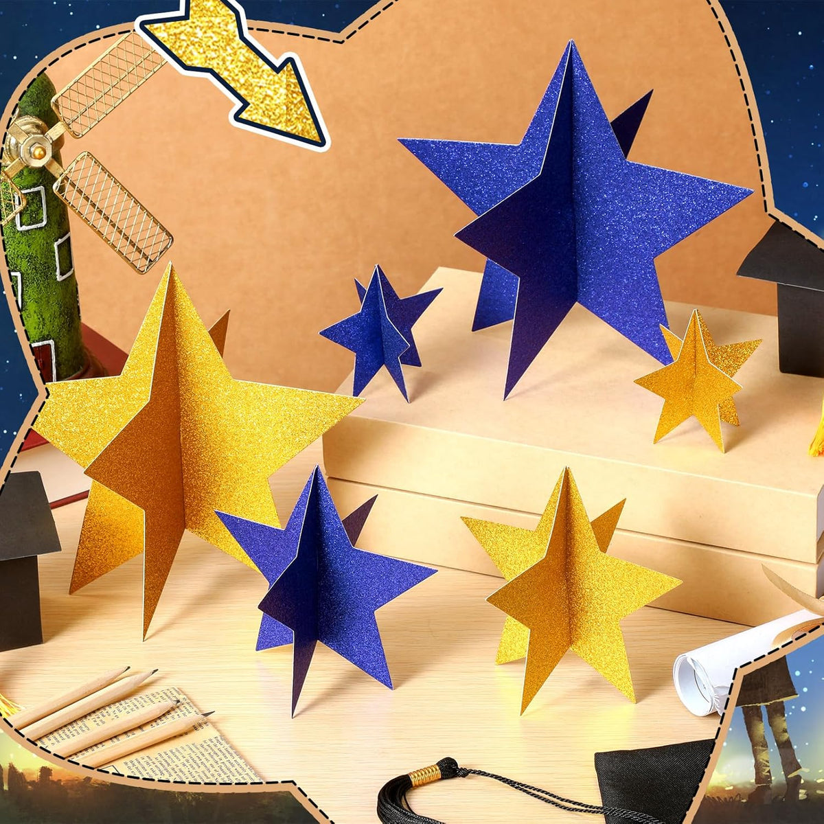 45 Pcs 3D Star Centerpieces Movie Night Decorations for Table in 3 Sizes Hanging Supplies for Red Carpet Film Show Theme Birthday New Year Party First Day of School Table Decor(Blue, Gold)