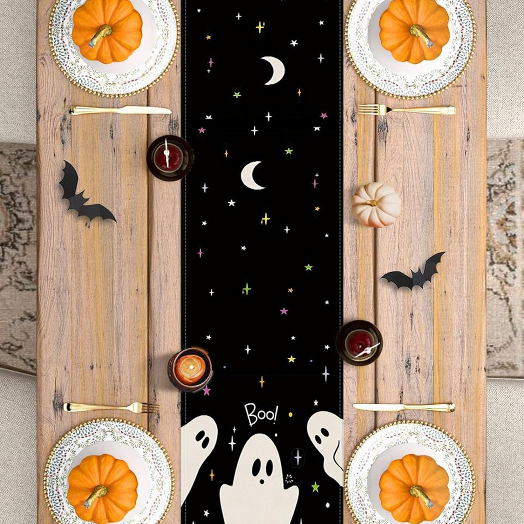 Halloween Black Table Runner Spooky Ghost Floral Boo Table Linen Runner Seasonal Holiday Kitchen Dining Table Decoration Halloween Decorations for Indoor Outdoor Home Party Decor 13x36 Inch