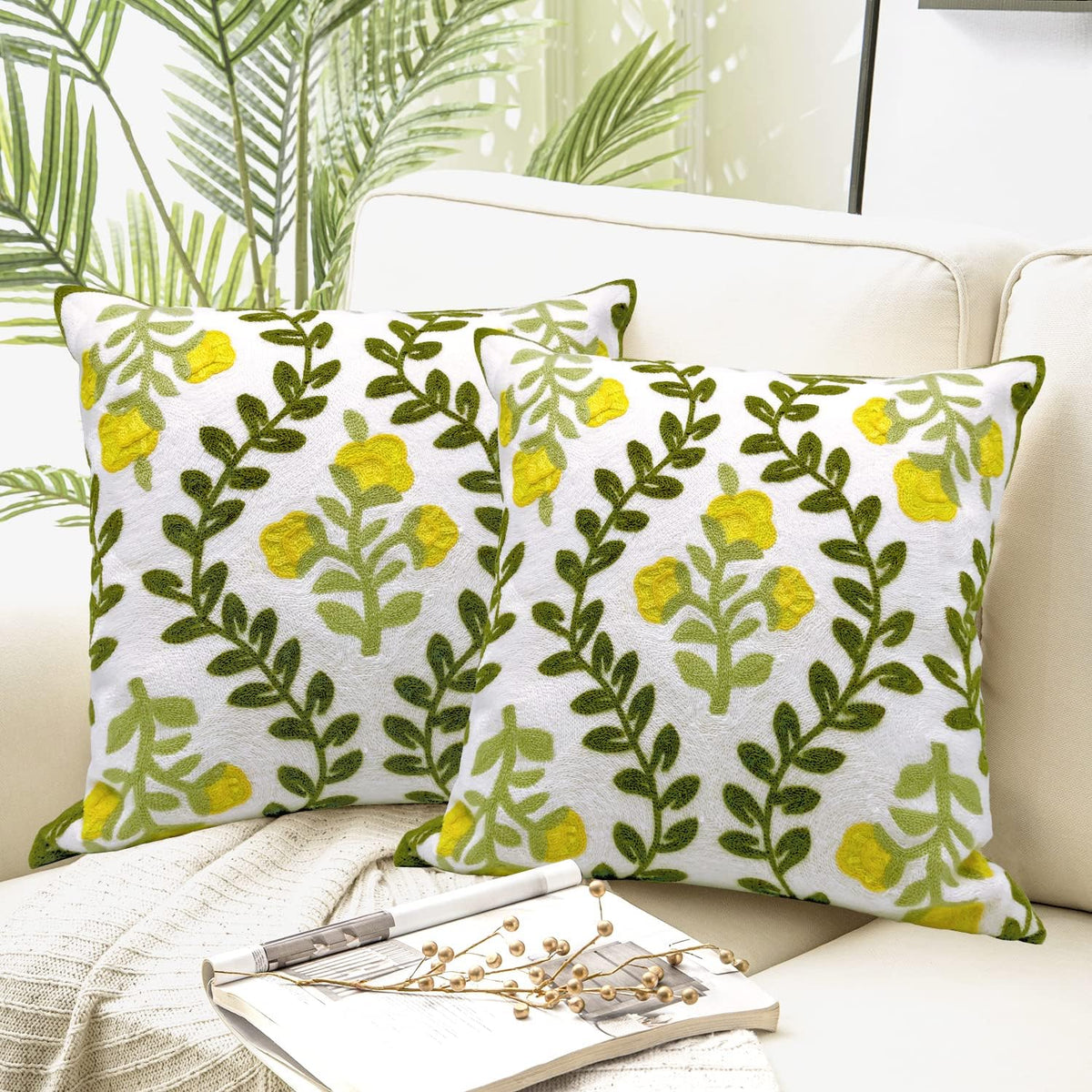 Alysheer Floral Embroidered Summer Decorative Throw Pillow Cover 18"x 18" Set of 2, Farmhouse Cottage Yellow Flower Green Leaves Patterned Cotton Cushion Case for Couch Bed Living Room Outdoor Decor