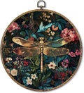 Fewgb Vintage Dragonfly Round Wall Art Decor Framed for Gallery Bedroom Living Room Kitchen Bathroom, Dark Black Floral Canvas Wall Art Prints Picture, Flower Hanging Room Decor Artwork 10x10