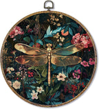 Fewgb Vintage Dragonfly Round Wall Art Decor Framed for Gallery Bedroom Living Room Kitchen Bathroom, Dark Black Floral Canvas Wall Art Prints Picture, Flower Hanging Room Decor Artwork 10x10