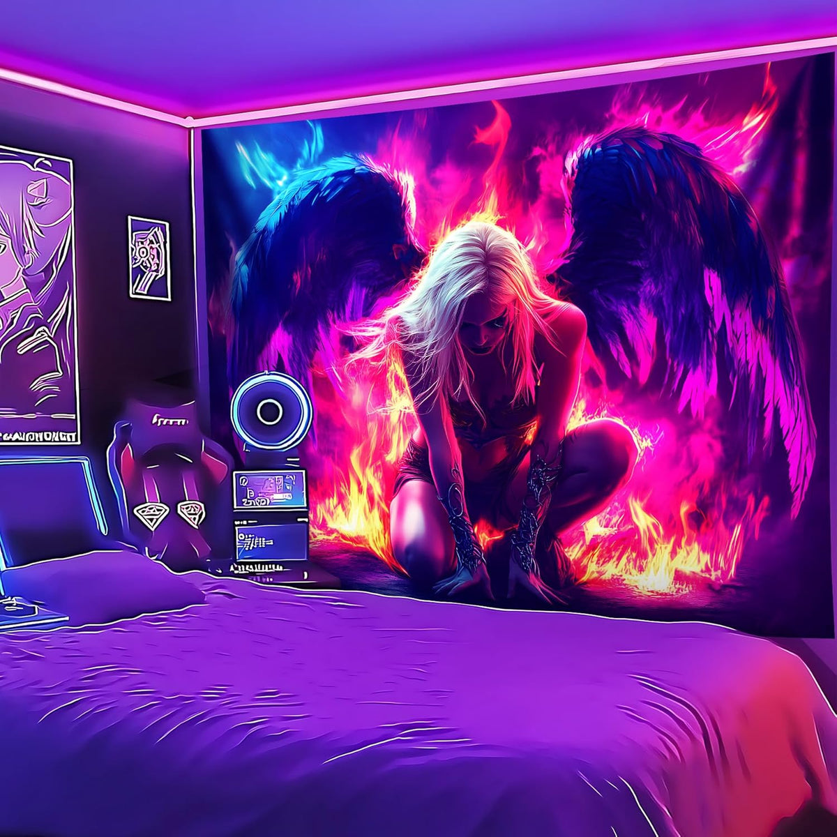 Blacklight Tapestry,WingTapestry Glow In The Dark,UV Reactive Black Light Upright Posters Wall Hanging for Bedroom Dorm Living Room Backdrop Decor (wing9, 79L" x 59W")
