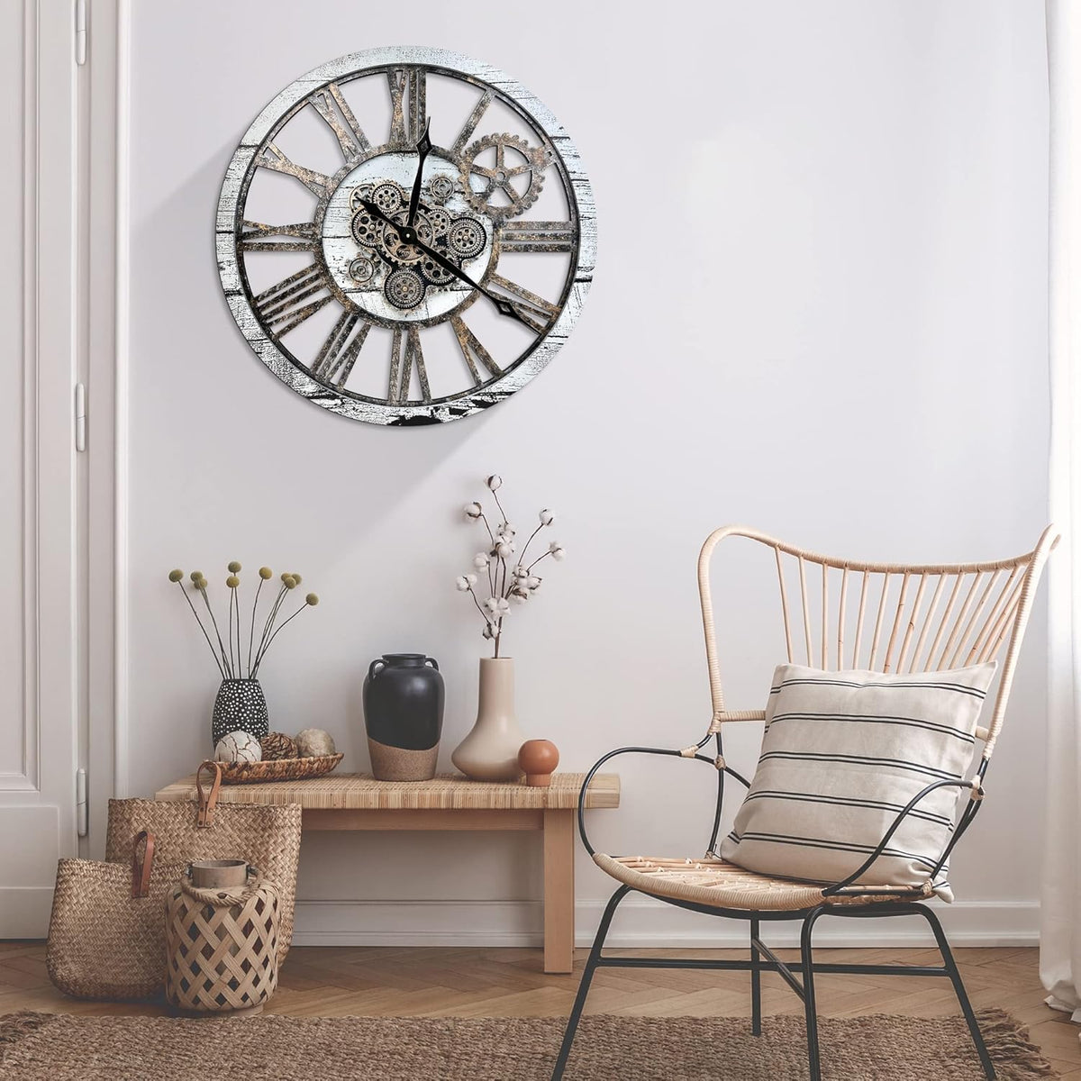 HOIBAI Large Wall Clock, Wall Clocks for Living Room Decor 36 Inch Farmhouse Vintage Rustic Kitchen Wall Decor Vintage Roman Oversized Wall Clock for Home Bedroom House, Moving Gears Clock