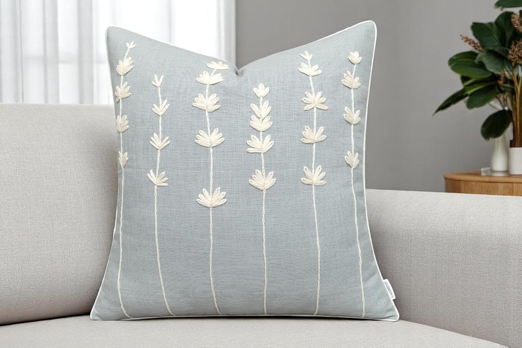 VAGMINE Hand Embroidered Daisy Accent Throw Pillow Cover - 20x20 Inches Square - 100% Cotton Robins Egg Decorative Cushion Cover for Couch, Sofa, Chair - Textured Embroidery - Boho Floral Home Décor
