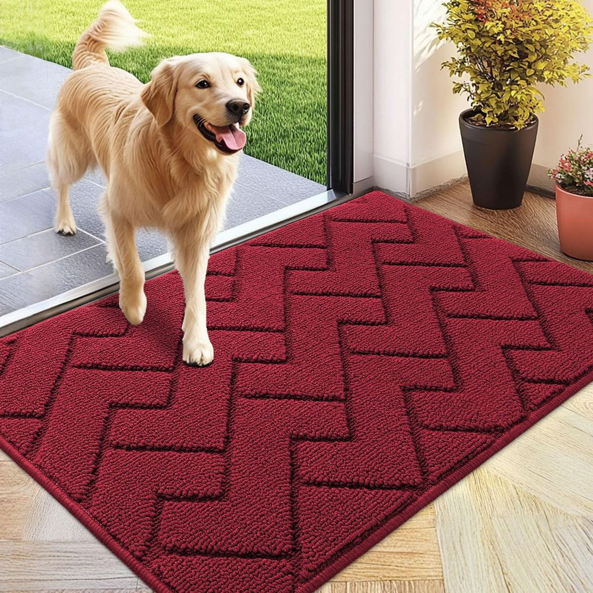 hicorfe Front Door Mat Outside Entrance,24"x35" Absorbent Muddy Dirt Resist Welcome Door Mats Outdoor Indoor,Stain and Fade Resistant,Non Slip Backing Entry Mat Doormat for Entryway (Red)