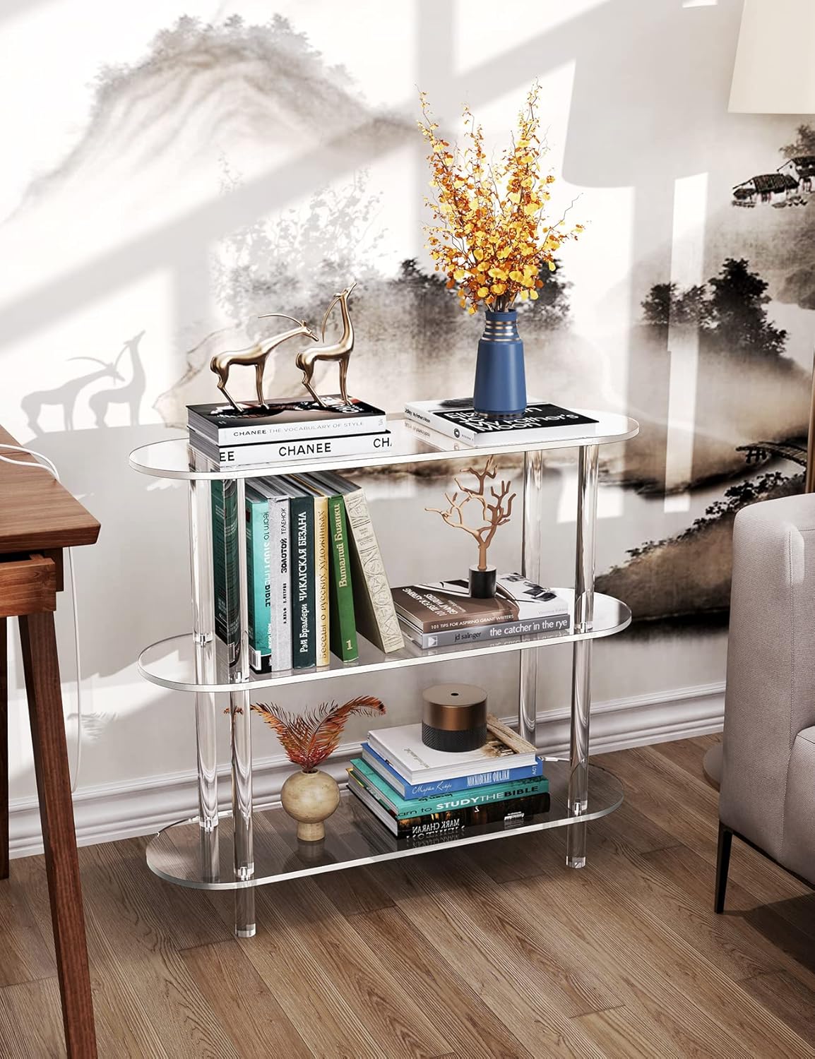 Clear Bookshelf, Acrylic Bookcase with Open Book Shelf Console Table for Entryway Office Living Room Bedroom (3 Tier Clear)