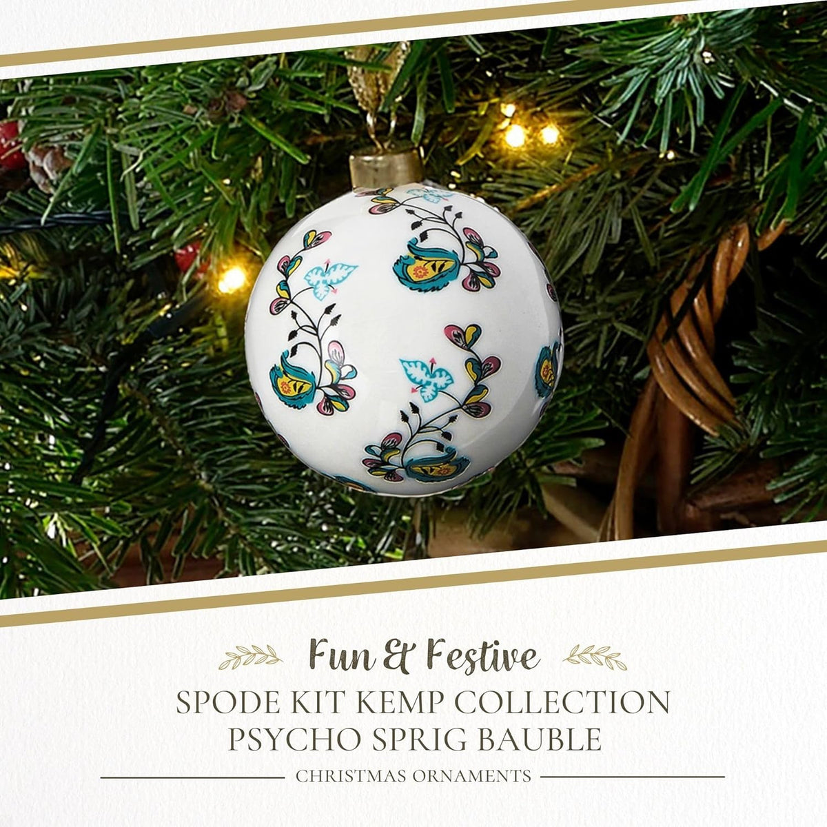 Spode Kit Kemp Psycho Sprig Yellow Bauble Christmas Bauble - Handcrafted Porcelain Festive Keepsake, Personalized Ornament, Collectible Luxury Holiday Decoration Gift
