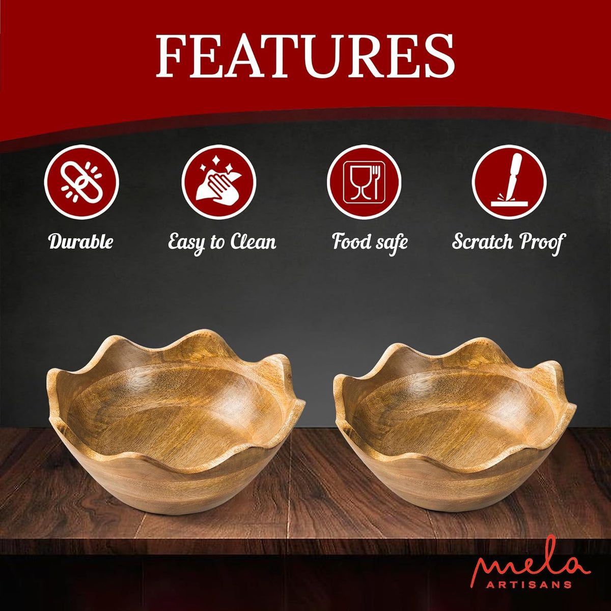Mela Artisans Wooden Scalloped Bowl - Set of 2, Large & Medium |Mango Wood Natural Grain Finish | 12x4x12” and 10x4x10” | Fits Bread, Fruits, Salad or Popcorn