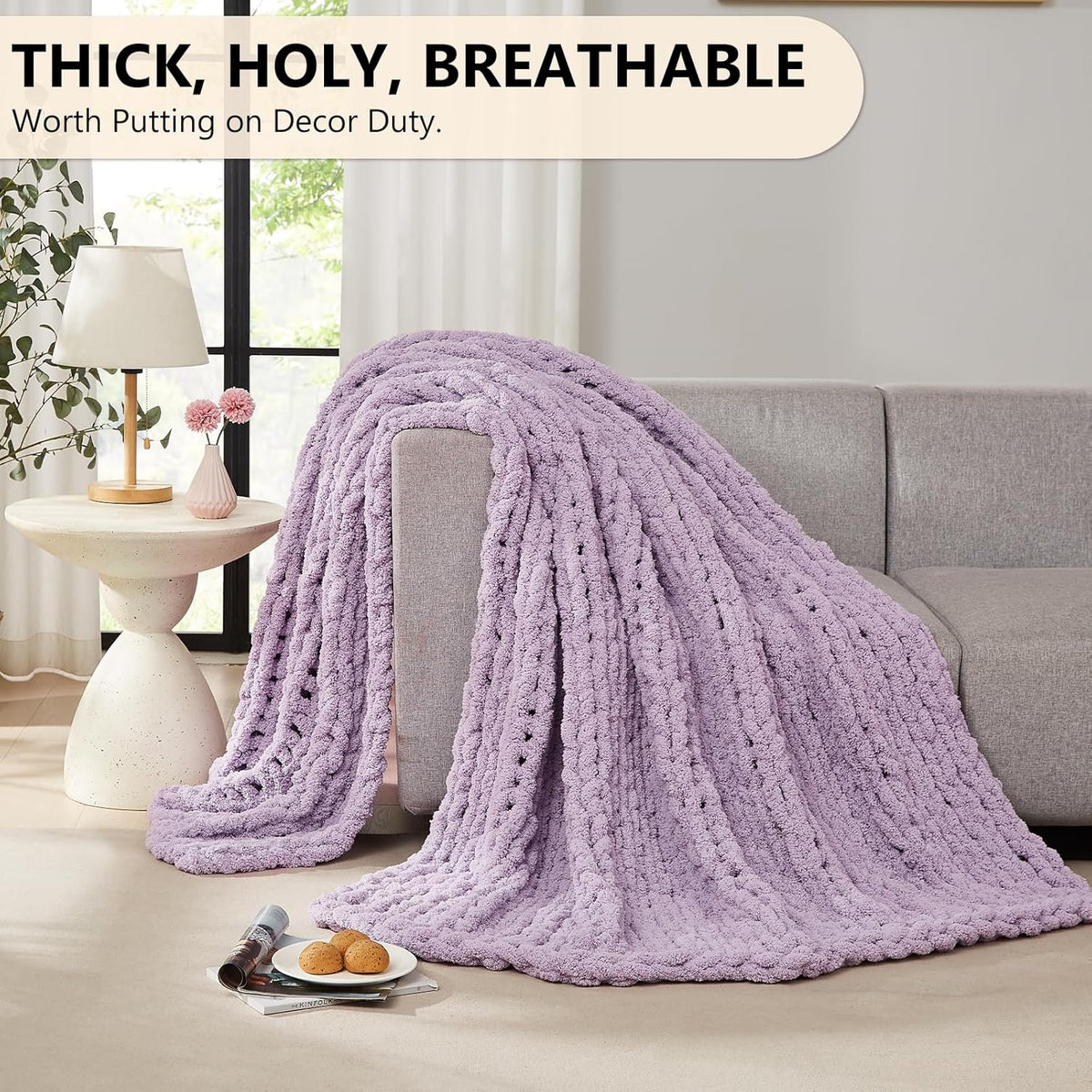 L'AGRATY Chunky Knit Blanket Throw: 80''x90'' Chenille Chunky Knitted Throw Blanket for Bed Couch - Handmade Thick Big Cable Knit Blanket - Large Chunky Crochet Rope Blanket for Home Decor(Purple)