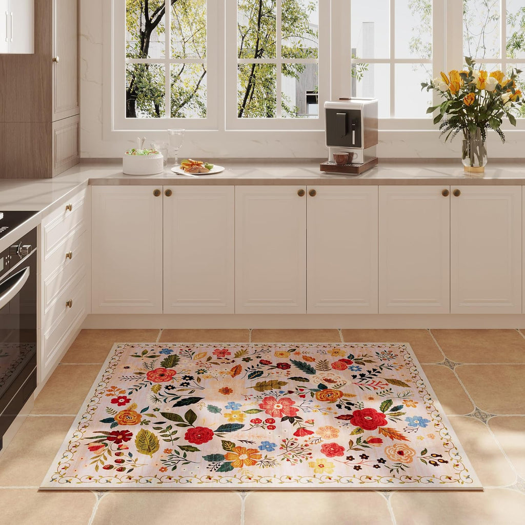 Door Mat Indoor Entrance 2x3 Rug Machine Washable Boho Floral Small Area Rug Non-Slip Low Pile Throw Rugs for Entryway, Kitchen, Front Door Indoor Entrance, Entry, Kids Room (Beige)