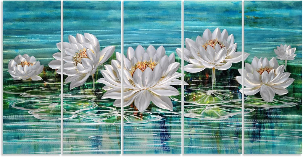 Yihui Arts Lotus Metal Wall Art, Green and Silver Flower Artwork, Hand Grind Aluminum Sculpture for Home Decor
