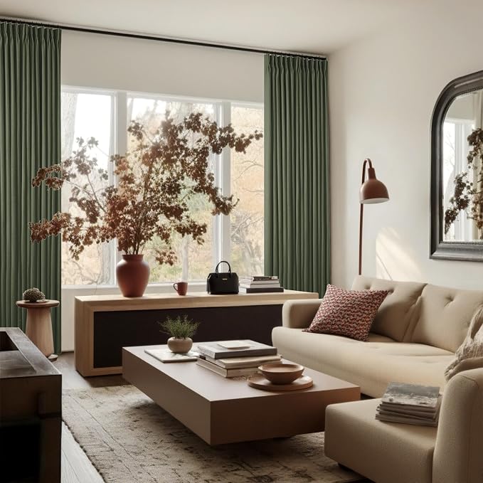 Olive Green Pinch Pleated Blackout Linen Bedroom Curtains 96 Inch Length | - Image 9