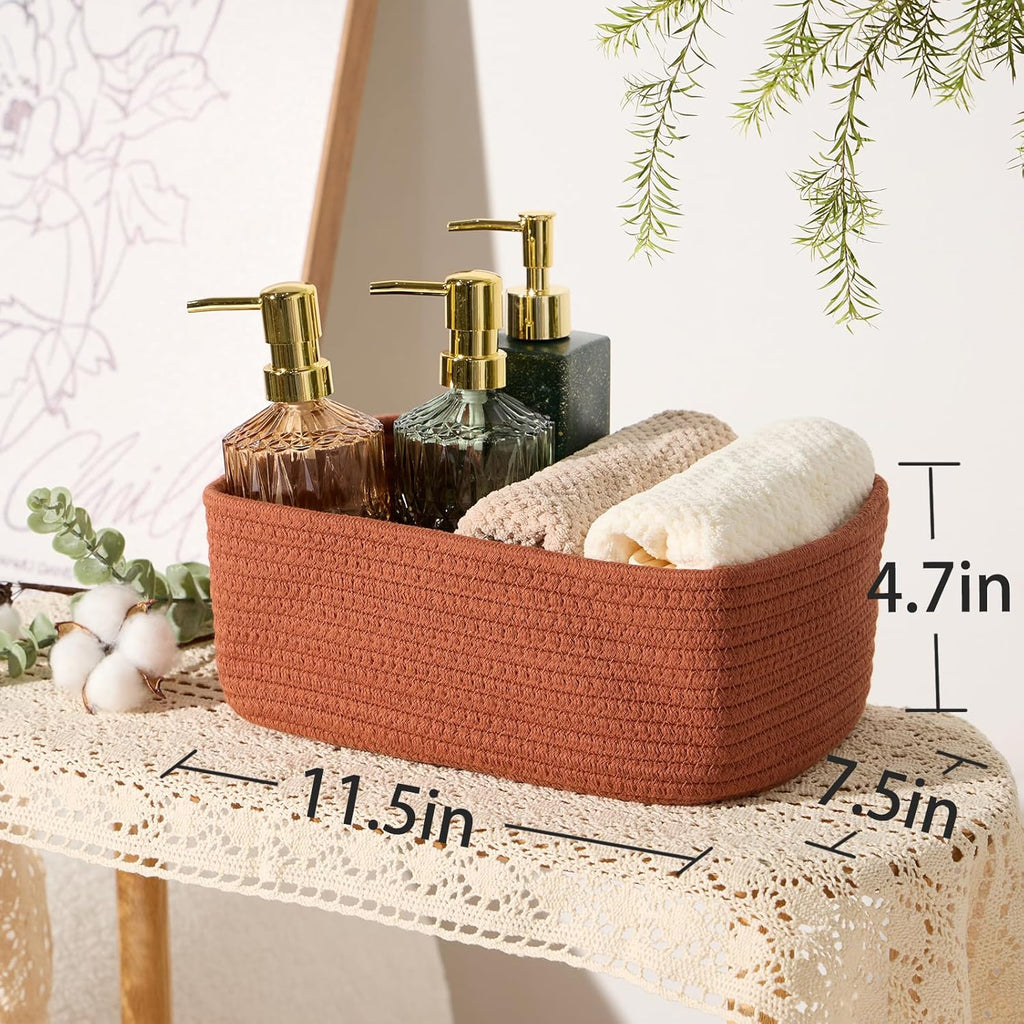 Small Storage Baskets for Organizing | Closet Organizer Bins | Shelf Toy Basket | Woven Rope Baskets | Cube Decorative Box | Shallow Basket | 11.5x7.5x4.7” | 4 Packs Oxide Red