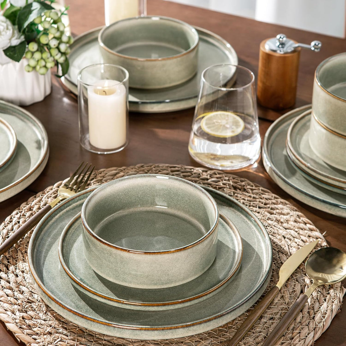 AmorArc Ceramic Dinnerware Sets, Handmade Reactive Glaze Stoneware Plates and Bowls Sets,Highly Chip and Crack Resistant | Dishwasher & Microwave Safe Dishes Set, Service for 4 (12pc)
