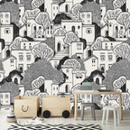 AFZEVEB-Black House with Trees Nursery Wallpaper murals for Bedroom 136"x96" (Not Peel and Stick)