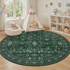 Round Area Rug for Living Room: 8ft Boho Washable Rug Deep Green | Vintage Boho - Image 5