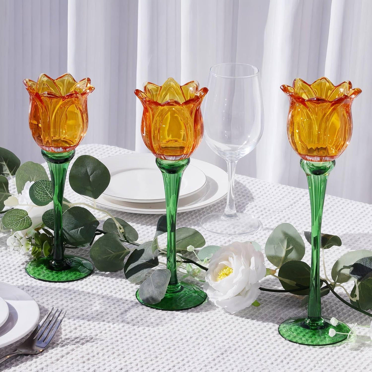 VOHO Orange Tulips Votive Candle Holders for Spring Decor, Elegant Tall Glass Candle Holder Centerpiece Table Decorations, Tulip Tealight Candle Holder for Wedding for Women(Set of3)