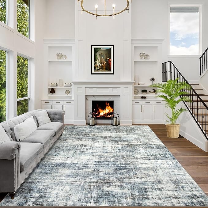 5x7 Area Rugs for Living Room: Washable Abstract Blue Multi Badroom Carpet | by GENTDRIZZ