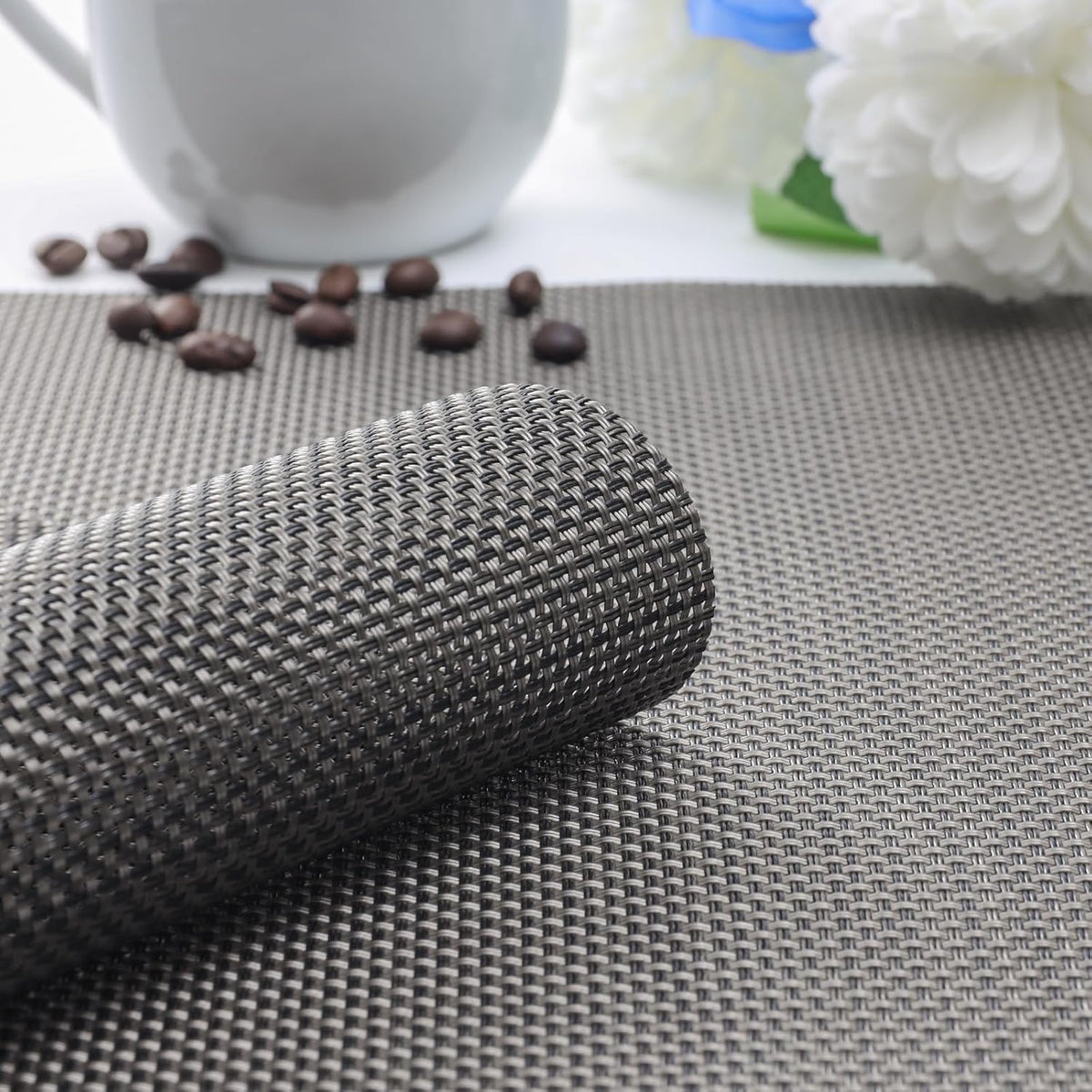 Myir JUN Placemats Set of 8, Vinyl Woven Placemats Place Mats Indoor Set of 8 Washable Table Mats Non-Slip Place mats for Dining Table (Dark Brown, Set of 8)