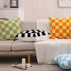 Alysheer Checkered Embroidered Decorative Throw Pillow Covers 18"x 18" Set of 2, Farmhouse Boho Orange Yellow Plaid Tufted Patterned Cotton Canvas Cushion Case for Sofa Couch Bed Living Room Outdoor