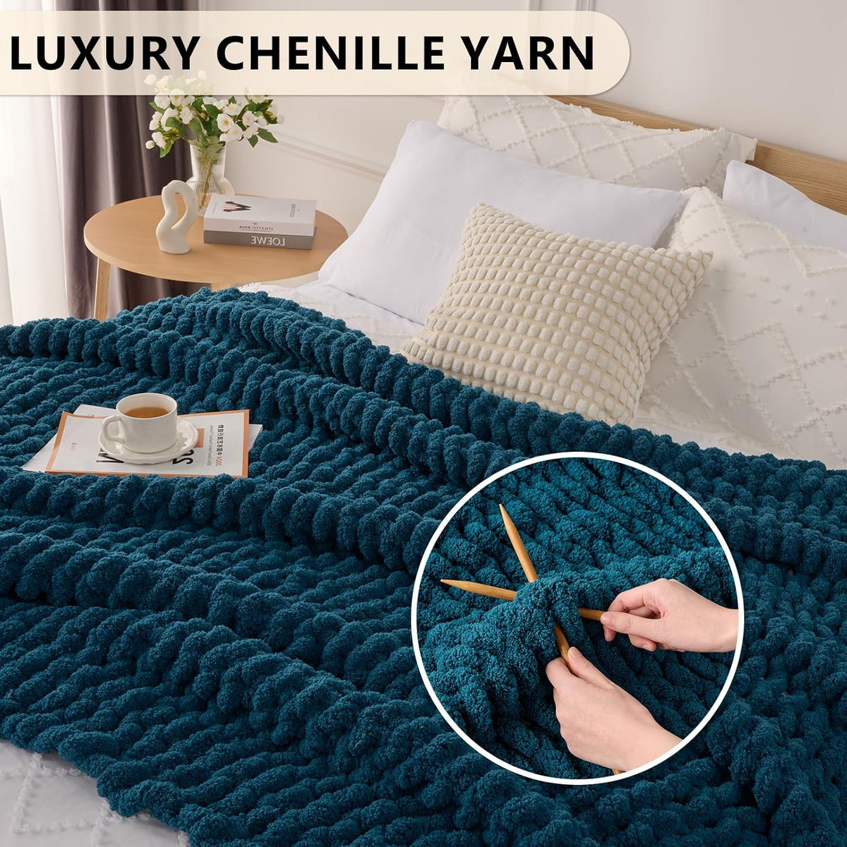 L'AGRATY Chunky Knit Blanket Throw: 80''x90'' Chenille Chunky Knitted Throw Blankets for Bed Couch - Handmade Thick Big Cable Knit Blanket - Large Crochet Rope Blankets for Home Decor(Blue)