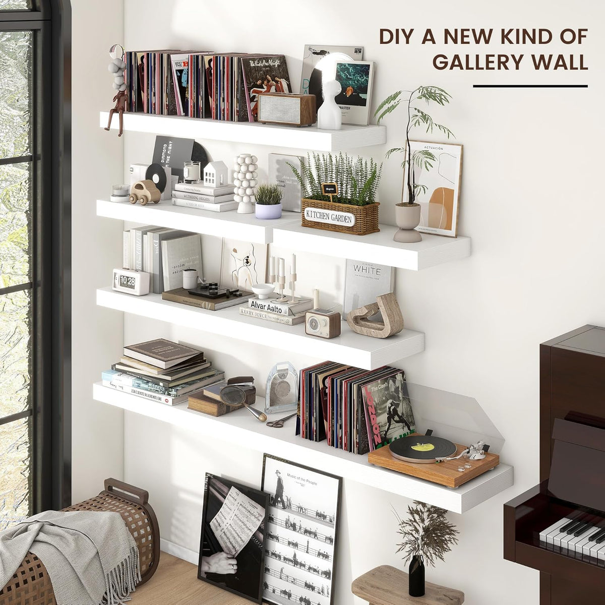 Floating Shelves for Wall, 2 Large Wall Mounted Shelves with Invisible Brackets, Long Wood Floating Wall Shelf Shelves for Living Room, Bedroom, Kitchen, (White, 48" W x 9" D x 1.5" H)