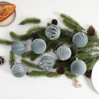 Christmas Ornaments Set of 12, 3.15" Flocked Velvet Balls with Hand Painted Designs, Dusty Blue Elegant Christmas Tree Decorations in Gift Box