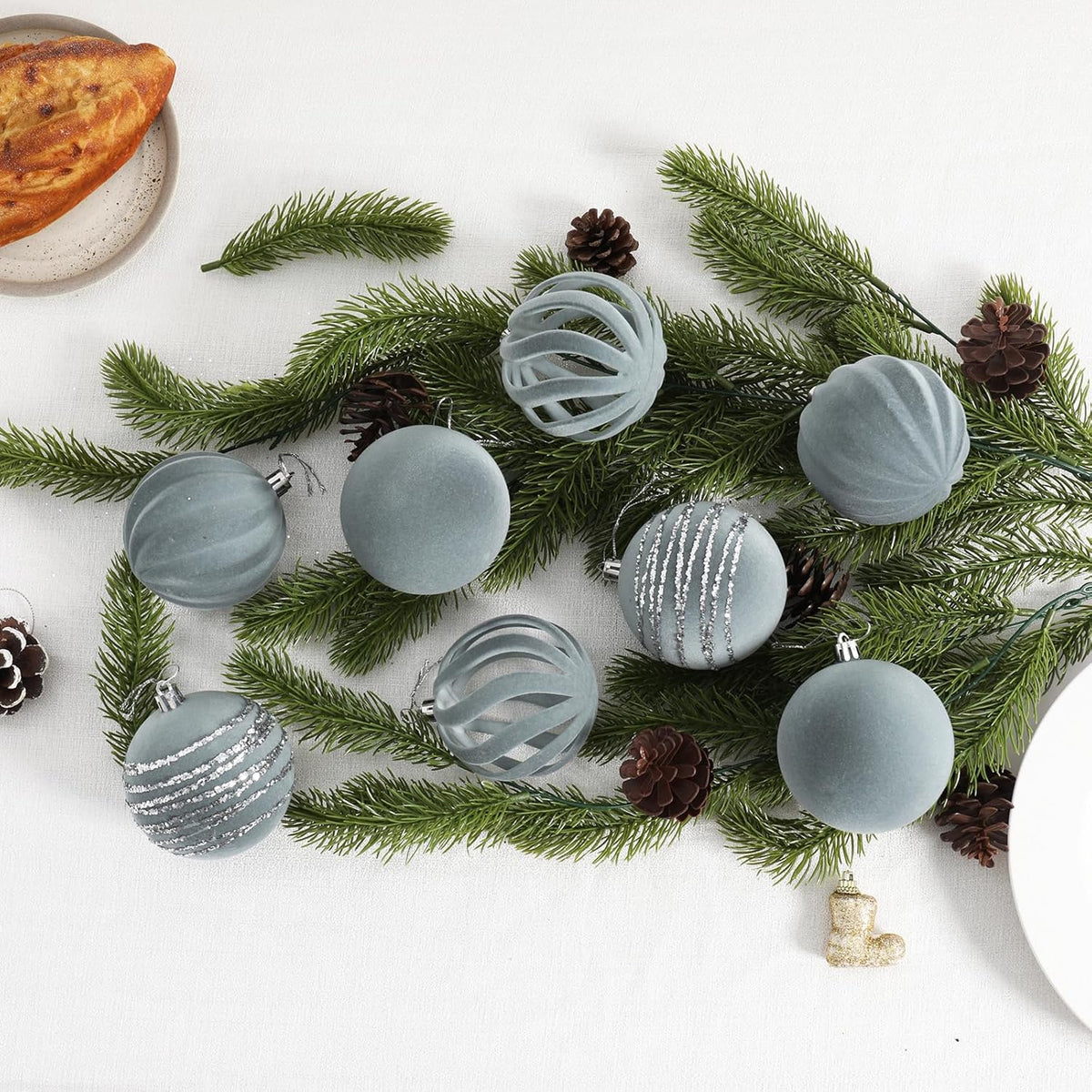 Christmas Ornaments Set of 12, 3.15" Flocked Velvet Balls with Hand Painted Designs, Dusty Blue Elegant Christmas Tree Decorations in Gift Box