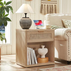 LEYAOYAO Boho Rattan Coffee Table Sets 3 Pieces, Nightstand with Charging Station and Coffee Table with Hidden Storage Compartment, Natural Living Room Table Set, Wood Furniture Sets for Home Office