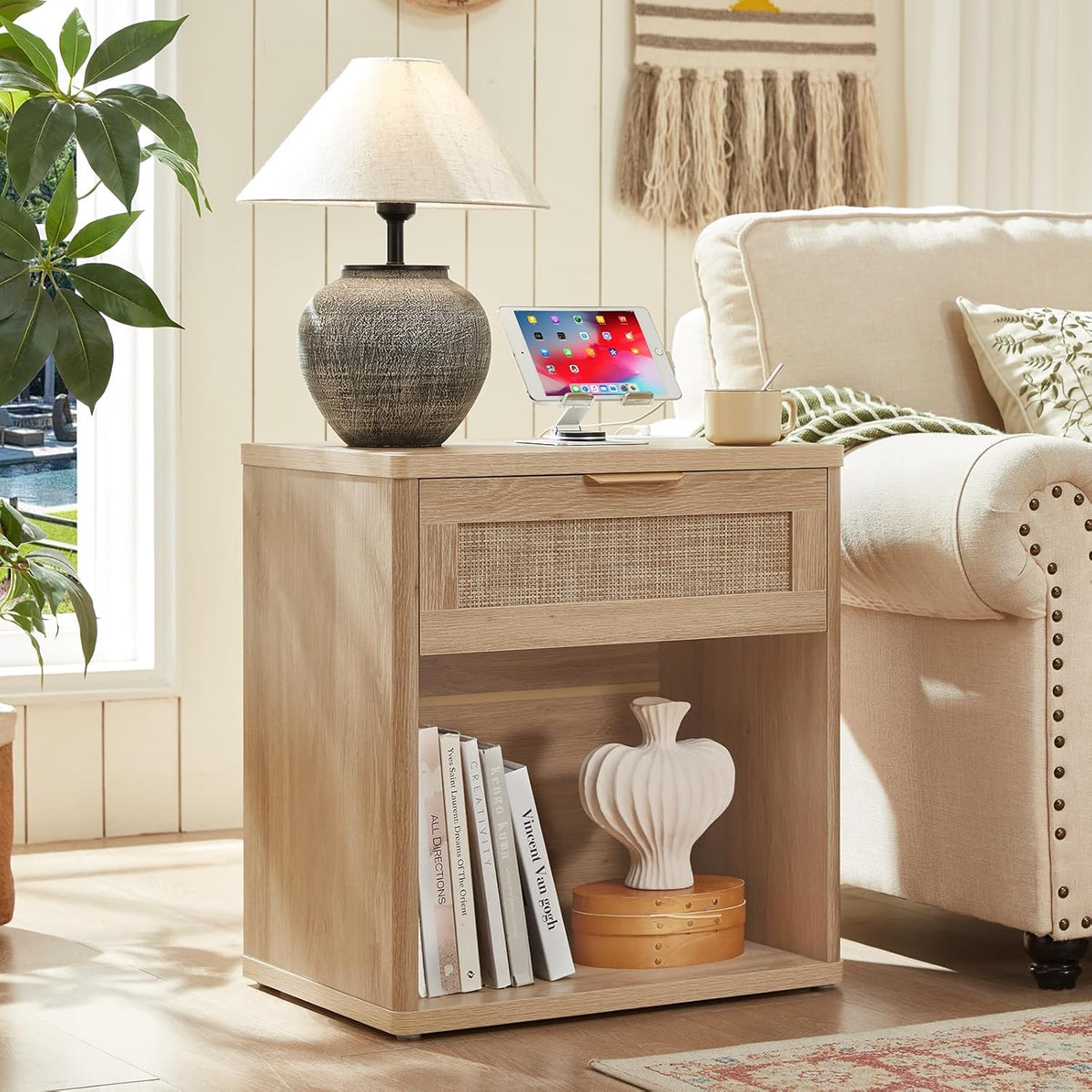 LEYAOYAO Boho Rattan Coffee Table Sets 3 Pieces, Nightstand with Charging Station and Coffee Table with Hidden Storage Compartment, Natural Living Room Table Set, Wood Furniture Sets for Home Office