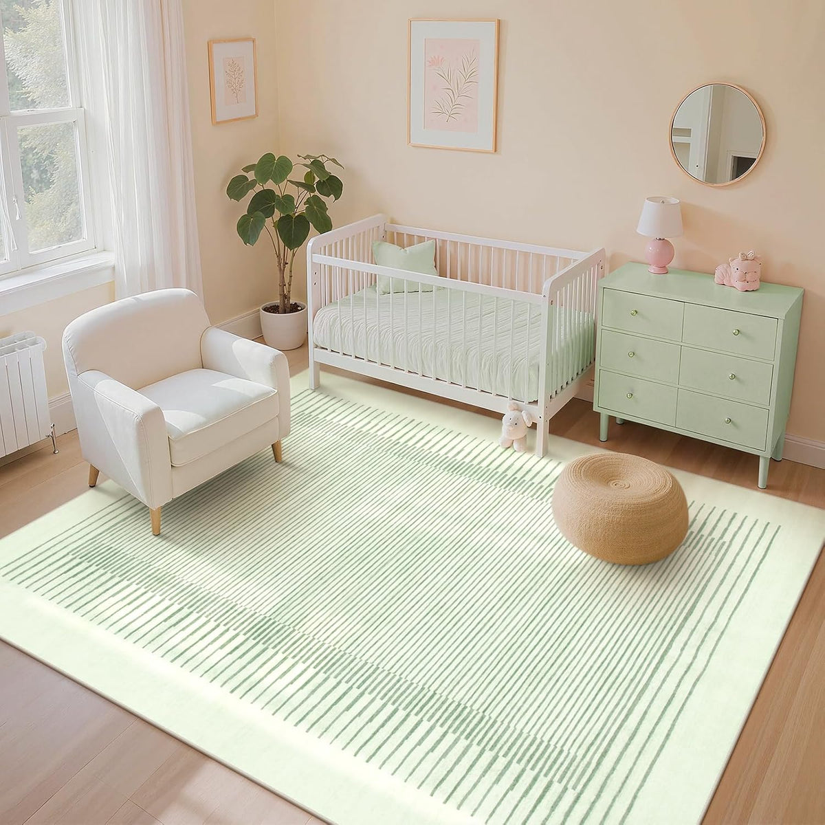 Wonnitar Washable Striped 8x10 Rugs for Living Room, Non-Slip Soft Sage Green Bedroom Rug, Low Pile Minimalist Floor Carpet for Nursery Playroom Dining Room Department (Green, 8' x 10')