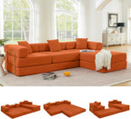 108" Oversized Convertible Sleeper Sofa Bed, Corduroy L Shape Sectional Couch, Folding Sofa Bed with Side Pocket, Modern Cloud Floor Mattress Couch, Modular Sofa for Living Room, Orange