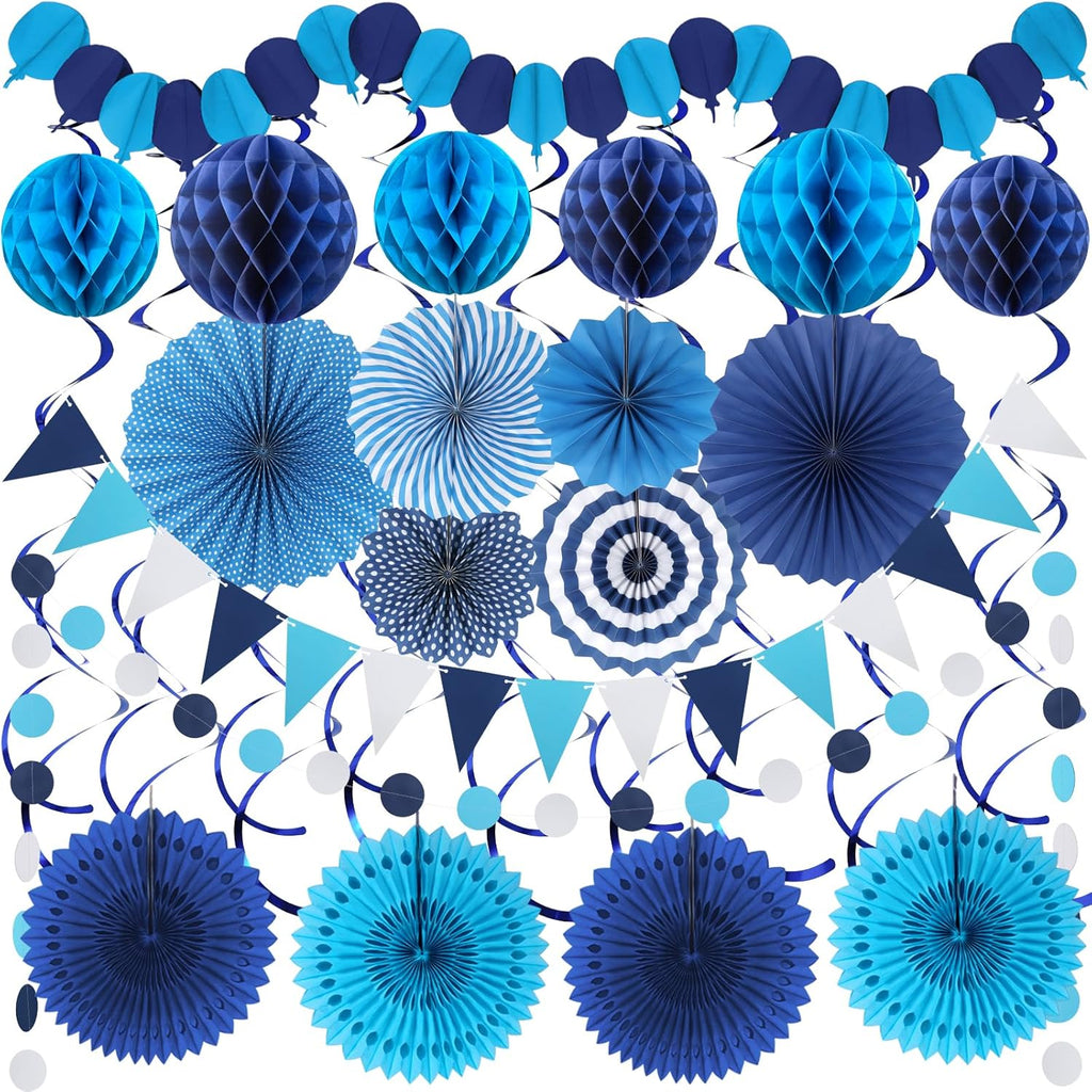 Blue Party Decorations, Easy Assembly Paper Fan Honeycomb Ball Garland Hanging Swirl Navy Blue Party Supplies for Boy Men Graduation Birthday Bridal Shower Baby Shower Party Decorations
