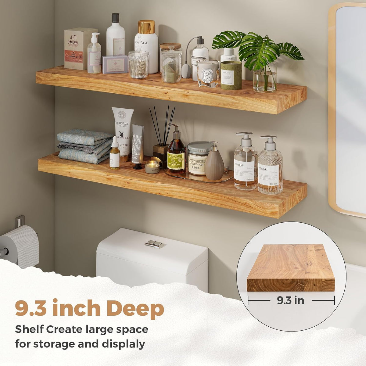 RICHFOCUS Elm Floating Shelves for Wall - 40" W x 9.3" D Rustic Solid Wood Shelves with Invisible Bracket, Wall-Mounted for Living Room, Bedroom, Kitchen Storage & Display, Set of 2, Natural