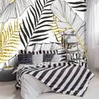 -Black and Gold Tropical Botanical Banana Leaf Fabric Wallpaper Living Room Bedroom Bathroom Abstract Plant Large Wall Mural- 160"x108"（ not Peel and Stick）
