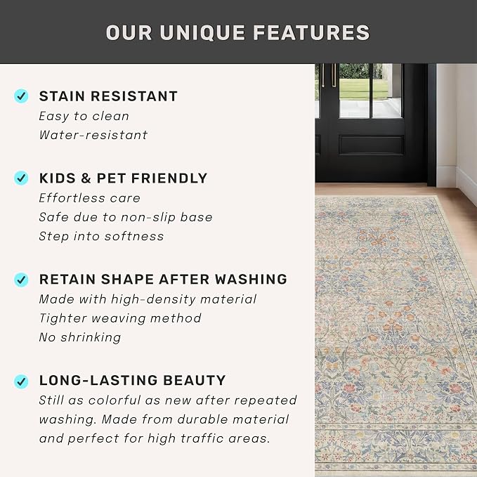 Vintage Washable Beige Blue Area Rugs - Image 7