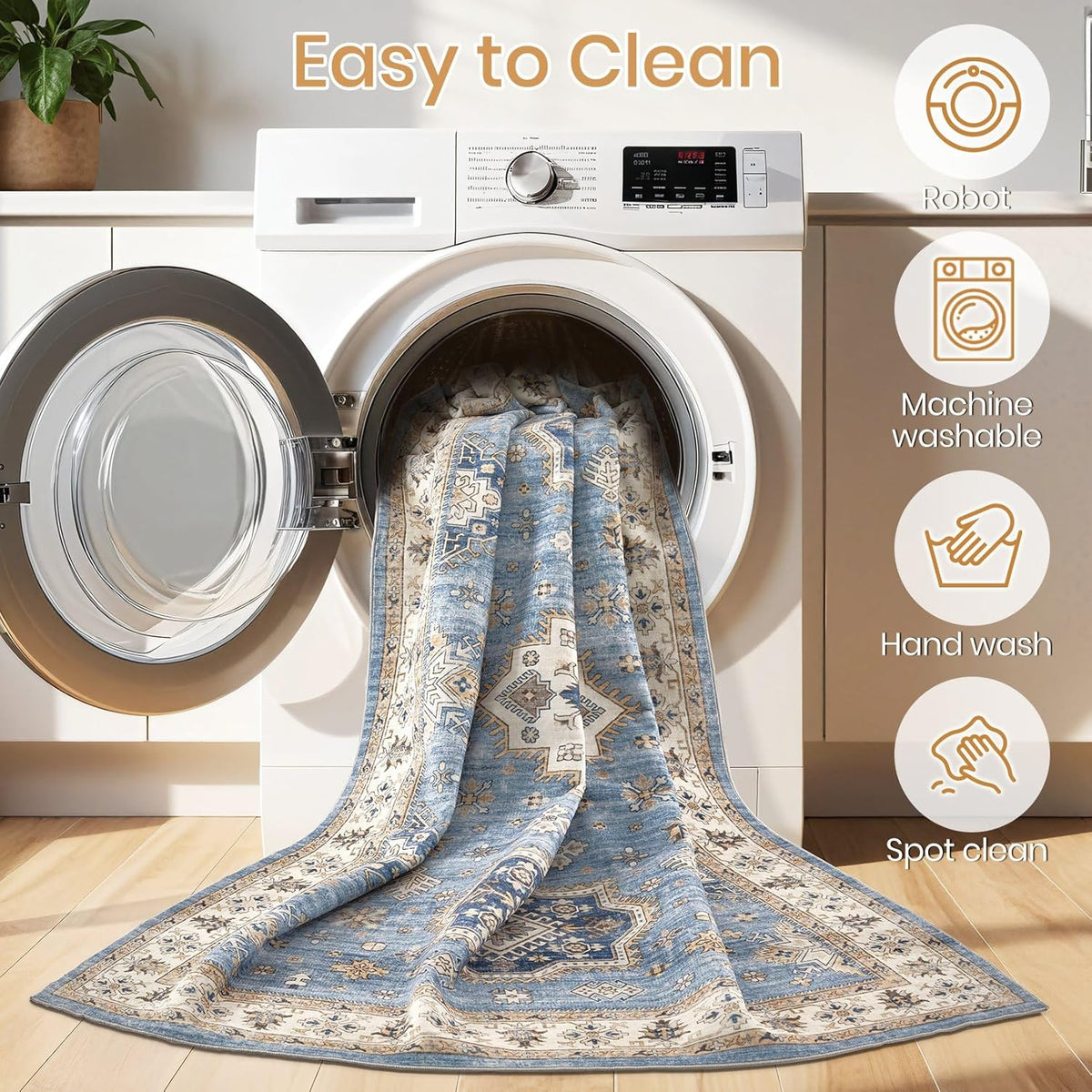 Washable Area Rugs for Living Room - 5x7 Neutral Vintage Distressed Floral Farmhouse Boho Large Soft Floor Rug Indoor Non Slip Carpet for Living Room Bedroom Dining Room Office - Blue