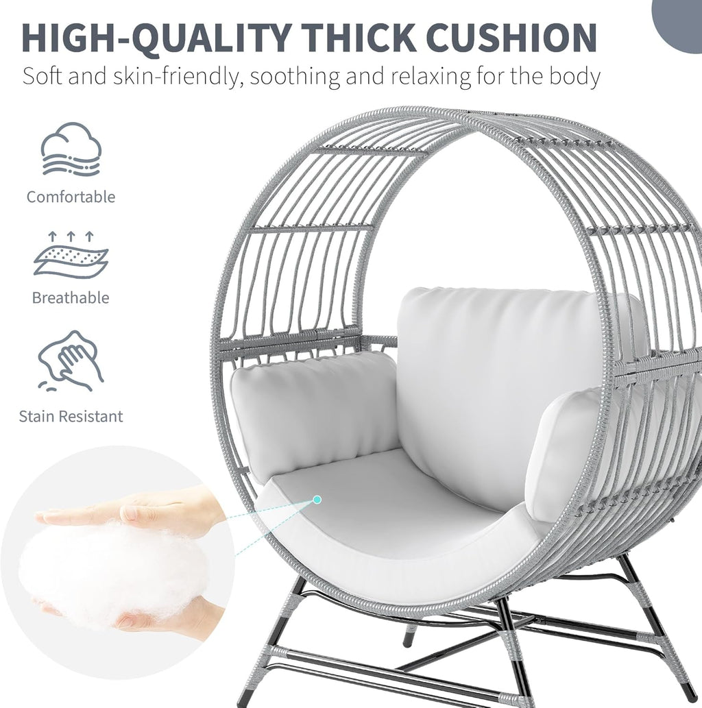 Egg Chair Outdoor Indoor, Oversized Rattan Chair with Thicken Cushion, 350LBS Capacity Wicker Patio Lounge Chair, Basket Chair for Living Room Balcony Porch Backyard, Grey/Light Grey
