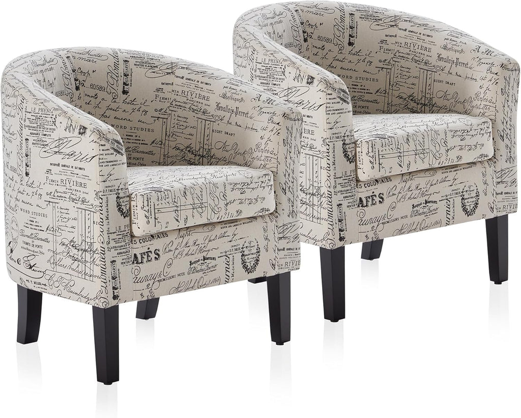 BELLEZE Accent Barrel Chair Set of 2, Linen Round Chair Club Tub Sofa Corner Chair with Flared Legs and Cozy Soft Padding for Living Room Bedroom Waiting Room - Black & Beige